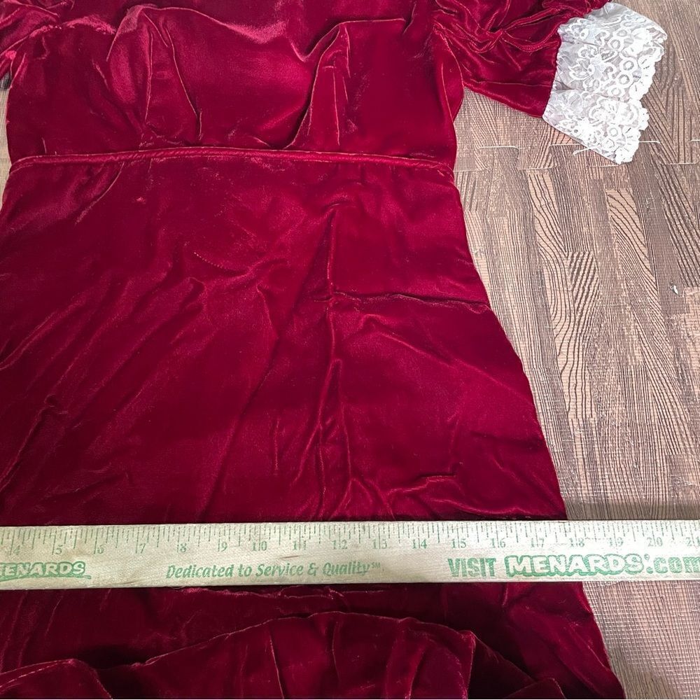 Vintage Velvet Victorian Red Crush Dress White Lace 1960’s Rare Red Dress - Picture 11 of 11